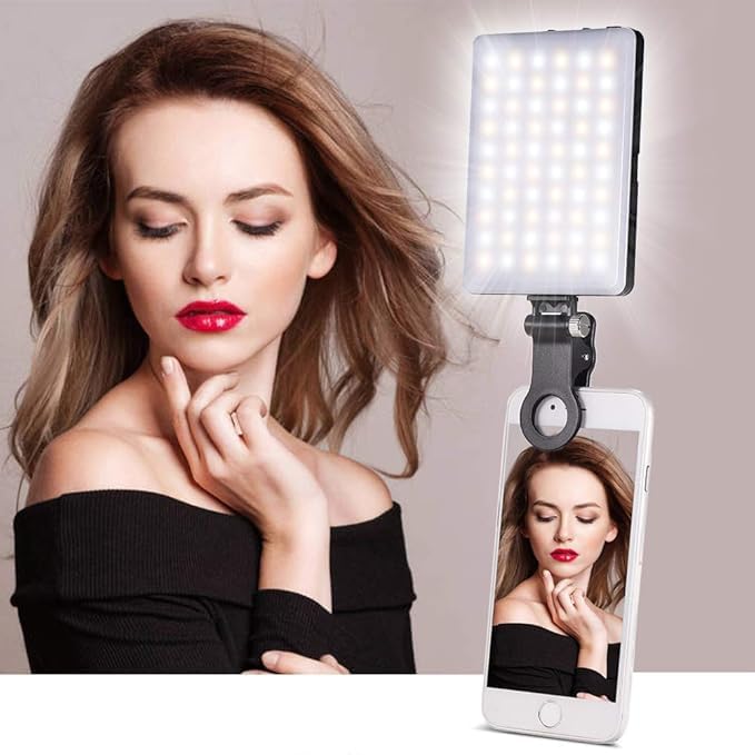 QLIGHT Selfie Light 60 LED Rechargeable Clip-On with Front & Back Phone Holder, CRI 95+, 3 Light Modes, Portable Fill Light for Phone, Tablet, Laptop, Zoom, TikTok