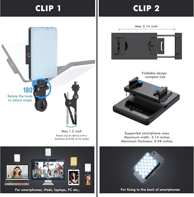 QLIGHT Selfie Light 60 LED Rechargeable Clip-On with Front & Back Phone Holder, CRI 95+, 3 Light Modes, Portable Fill Light for Phone, Tablet, Laptop, Zoom, TikTok