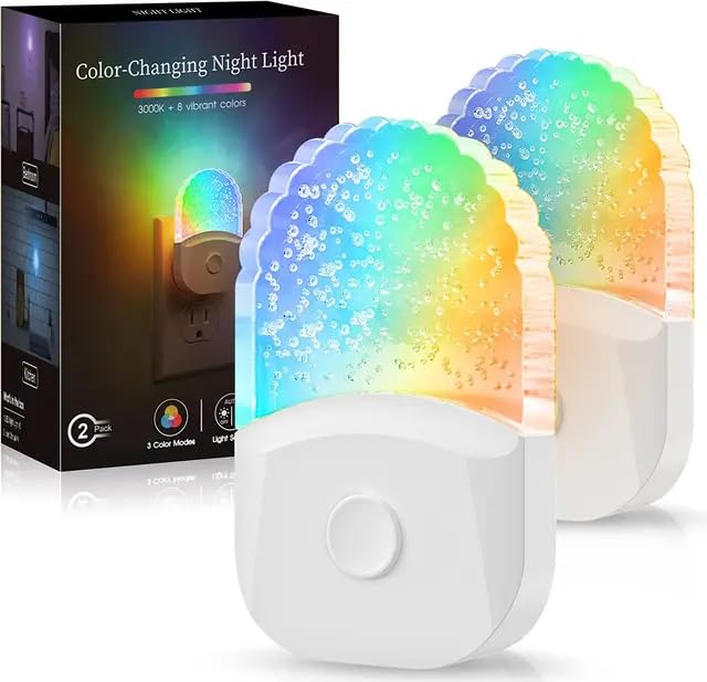 QLIGHT Night Light, Color Changing Night Lights for Kids, RGB Plug-in Night Lights 2 Pack with Dusk-to-Dawn Sensor, Soft White LED Night Lamp for Bedroom, Bathroom, Hallway, Gifts