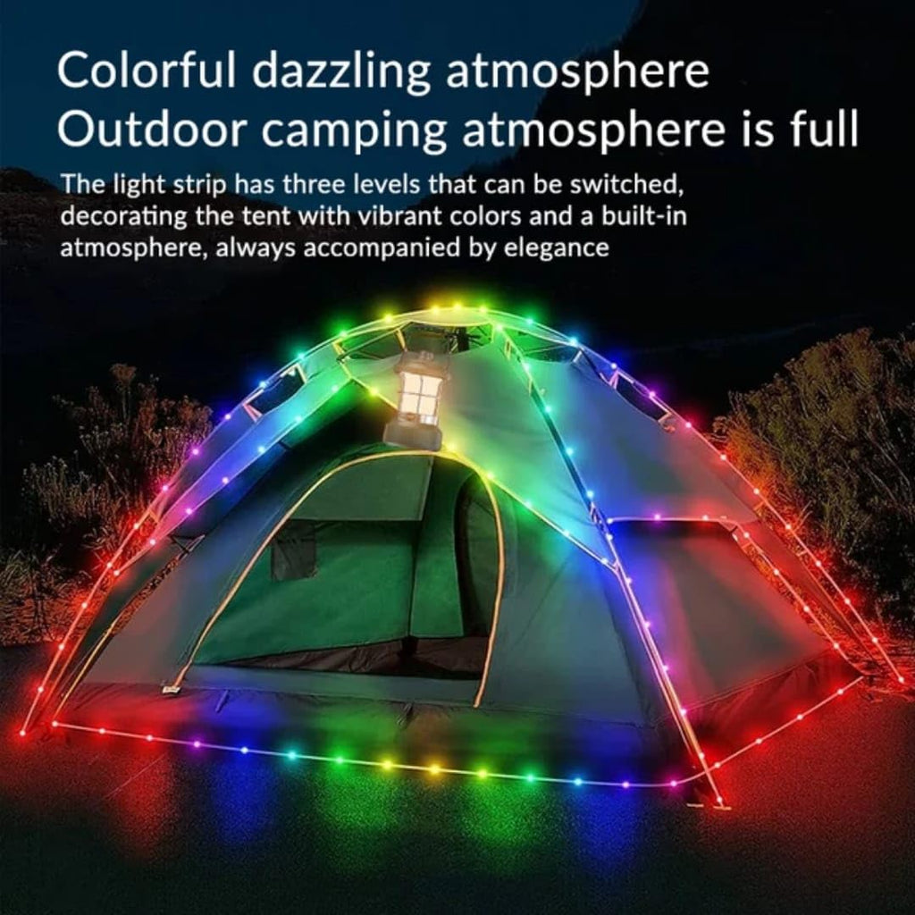 QLIGHT Rechargeable LED Camping Lantern with 15m RGB String Lights – 4000mAh Battery, Dual Light Modes, Portable Waterproof Green LED Lantern for Outdoor Activities and Camping Tent