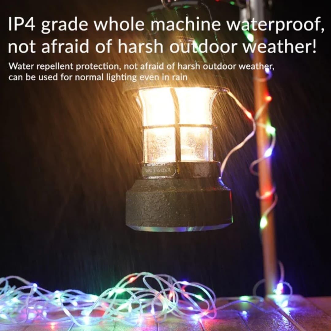 QLIGHT Rechargeable LED Camping Lantern with 15m RGB String Lights – 4000mAh Battery, Dual Light Modes, Portable Waterproof Green LED Lantern for Outdoor Activities and Camping Tent