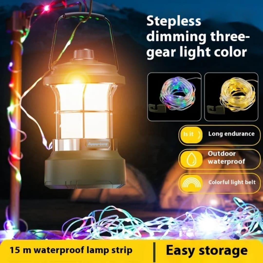 QLIGHT Rechargeable LED Camping Lantern with 15m RGB String Lights – 4000mAh Battery, Dual Light Modes, Portable Waterproof Green LED Lantern for Outdoor Activities and Camping Tent