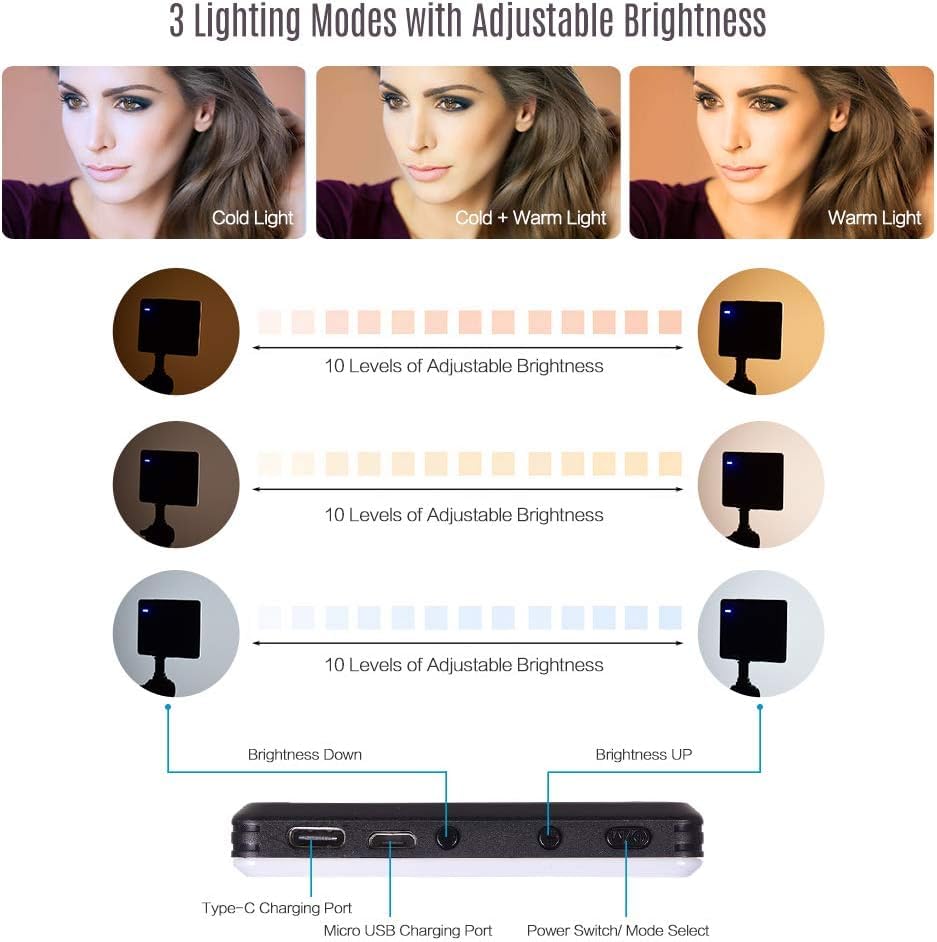 QLIGHT Selfie Light 60 LED Rechargeable Clip-On with Front & Back Phone Holder, CRI 95+, 3 Light Modes, Portable Fill Light for Phone, Tablet, Laptop, Zoom, TikTok
