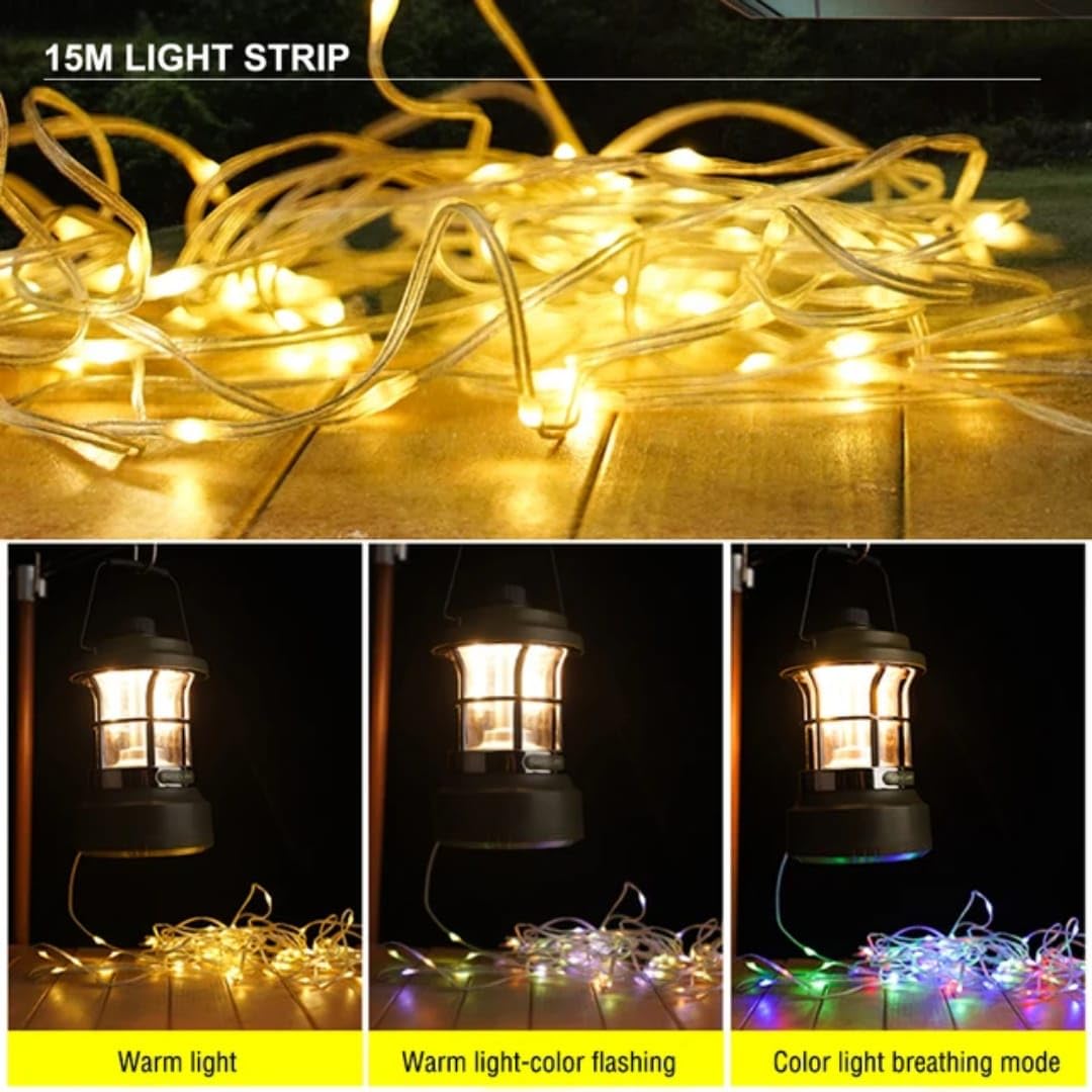 QLIGHT Rechargeable LED Camping Lantern with 15m RGB String Lights – 4000mAh Battery, Dual Light Modes, Portable Waterproof Green LED Lantern for Outdoor Activities and Camping Tent