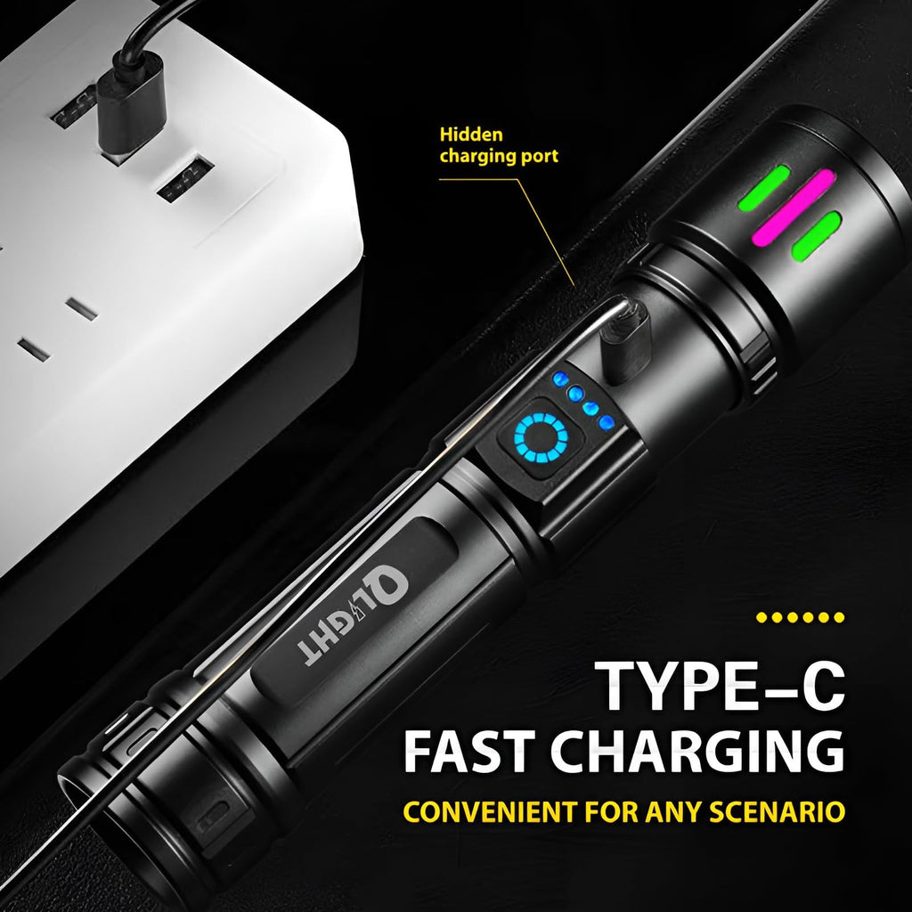QLIGHT Flashlight Rechargeable TorchLight, 10000 Lumens Flash Light Led flashlights Tactical Led Torch Light High Power, USB Handheld Powerful Torches for Camping Hiking Emergency