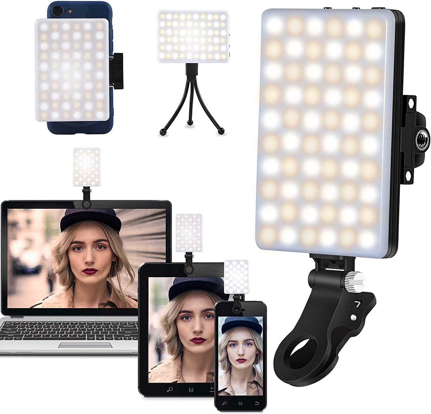 QLIGHT Selfie Light 60 LED Rechargeable Clip-On with Front & Back Phone Holder, CRI 95+, 3 Light Modes, Portable Fill Light for Phone, Tablet, Laptop, Zoom, TikTok