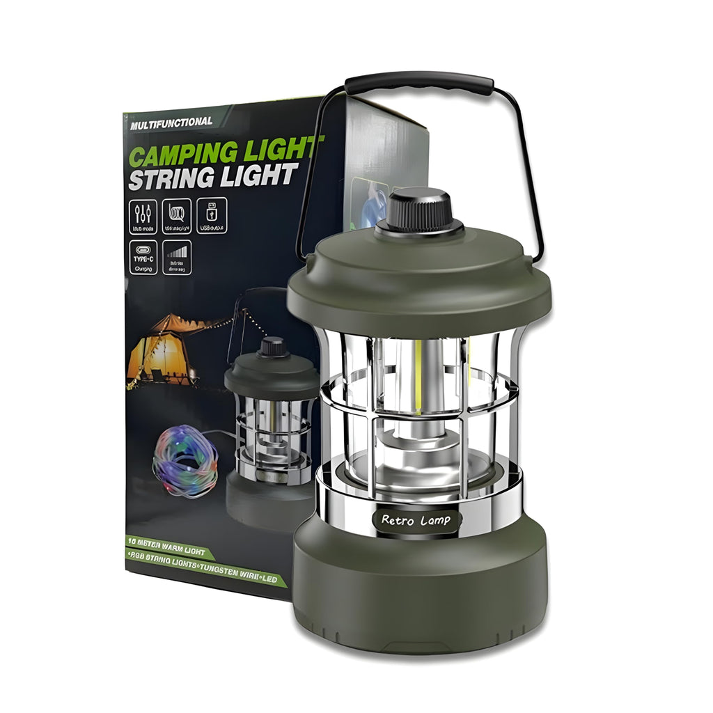 QLIGHT Rechargeable LED Camping Lantern with 15m RGB String Lights – 4000mAh Battery, Dual Light Modes, Portable Waterproof Green LED Lantern for Outdoor Activities and Camping Tent