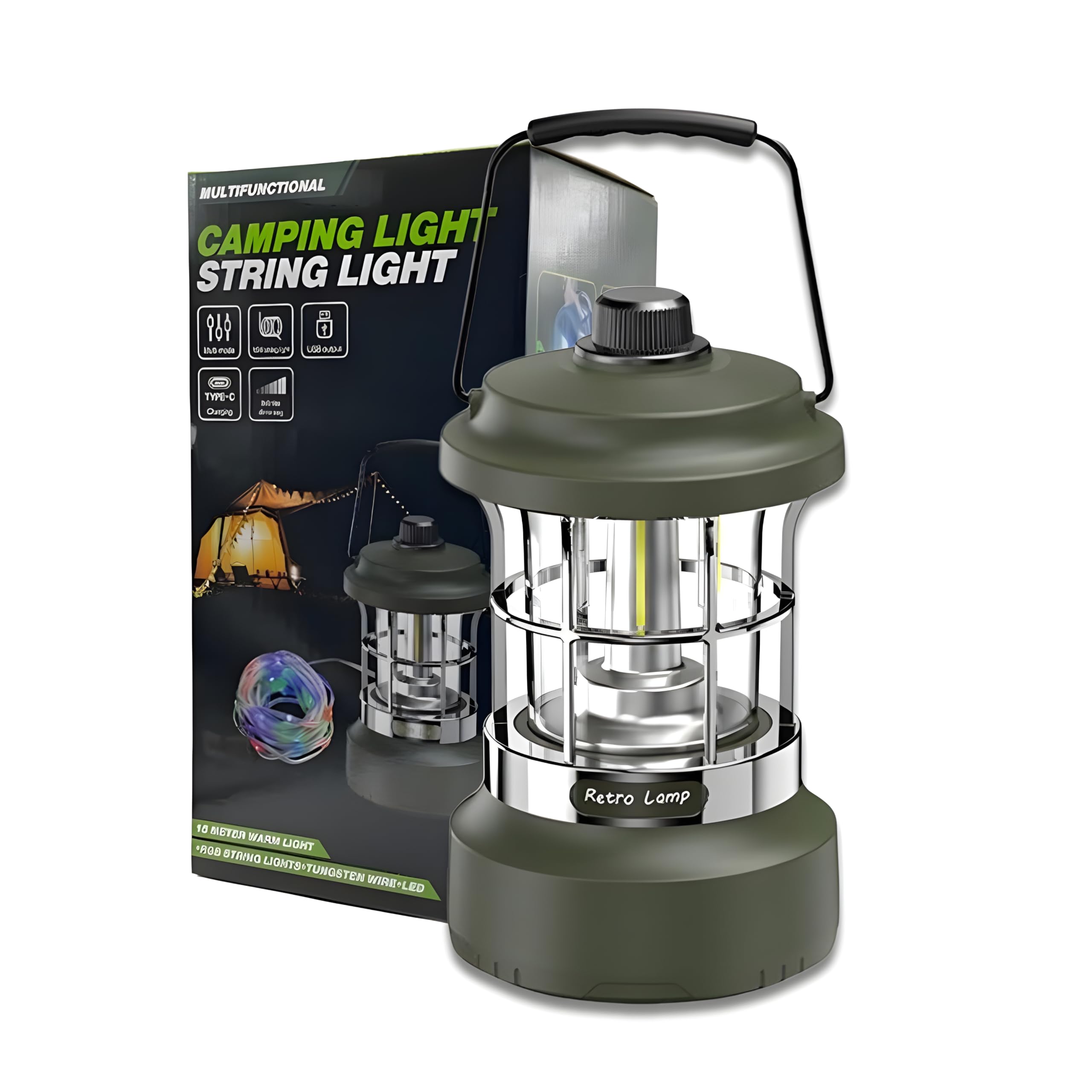 QLIGHT Rechargeable LED Camping Lantern with 15m RGB String Lights – 4000mAh Battery, Dual Light Modes, Portable Waterproof Green LED Lantern for Outdoor Activities and Camping Tent