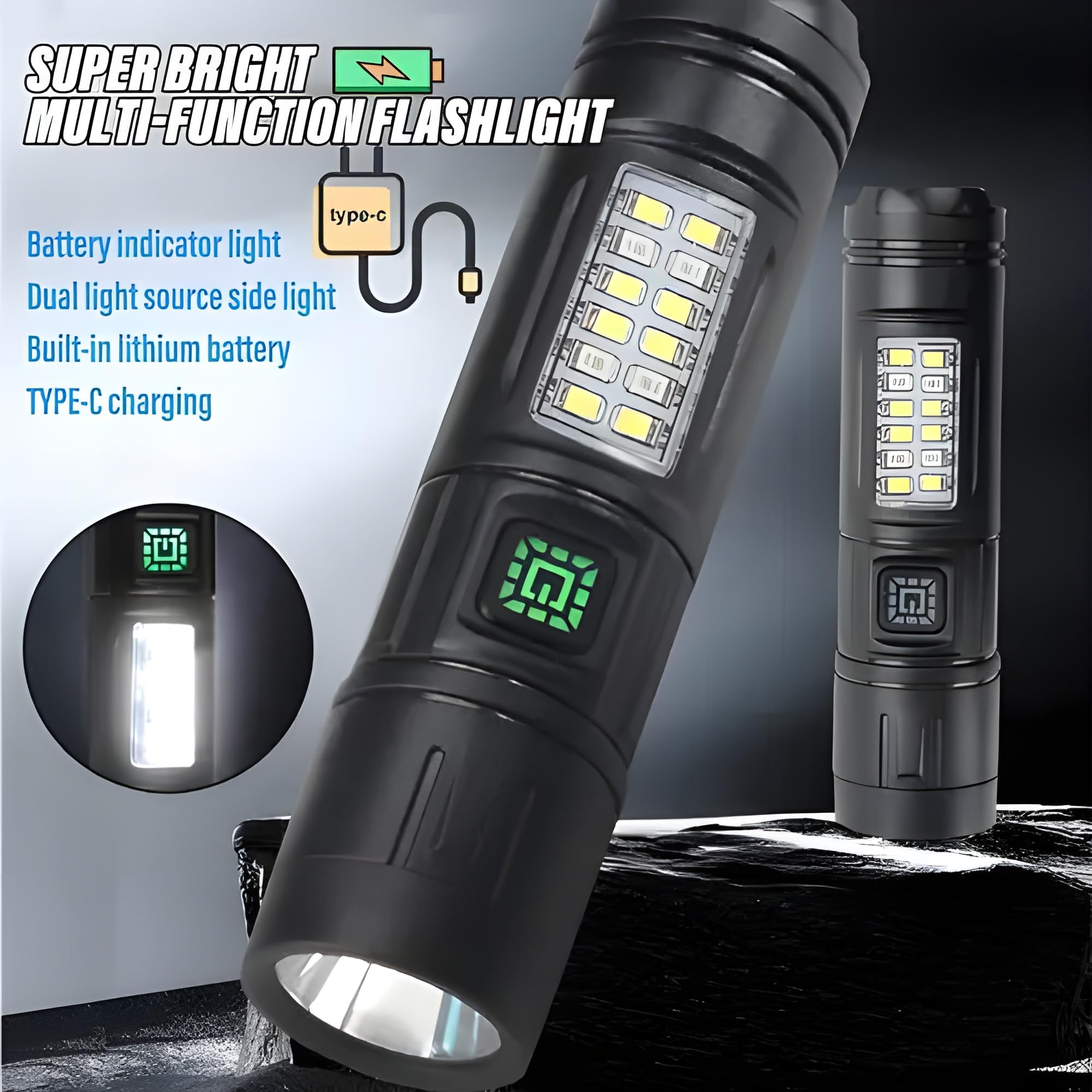 QLIGHT (2Pack) Rechargeable Flashlight Led Torch light,2000 High Lumens Handled Flash Light, Long Lasting Tectitical Powerful Flashlights With Side Cob Light,5 Modes, Flashlight For Camping&Hiking